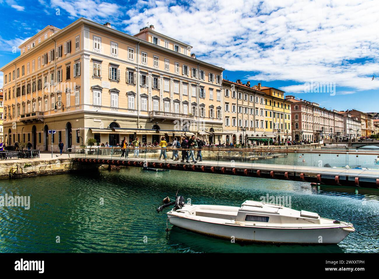 Commercial and residential houses of old families on the Grand Canal in the heart of Borgo Teresiano, Trieste, harbour town on the Adriatic, Friuli Stock Photo