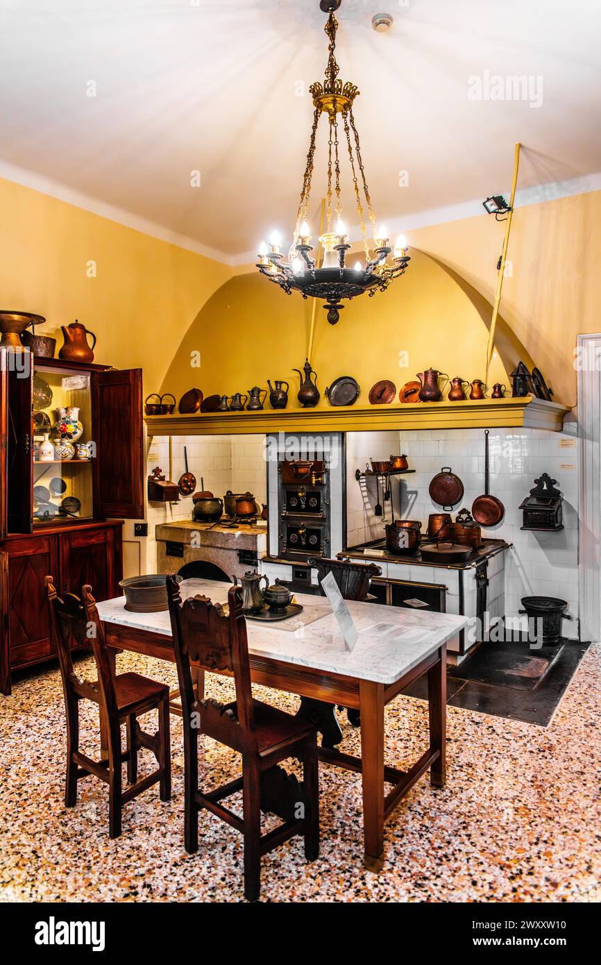 Kitchen, Civico Museo Sartorio with original 19th century family living rooms and museum gallery, Trieste, harbour town on the Adriatic, Friuli Stock Photo