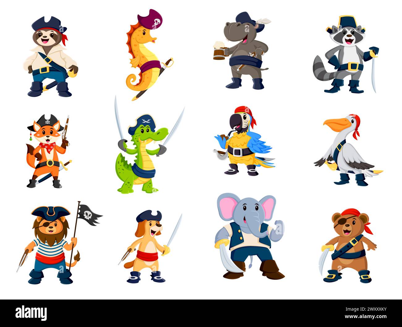 Cartoon funny animals and sea pirate characters, captain corsairs and sailors, vector personages. Caribbean pirate animals, lion in tricorne, parrot buccaneer in corsair bandana and bear with eyepatch Stock Vector