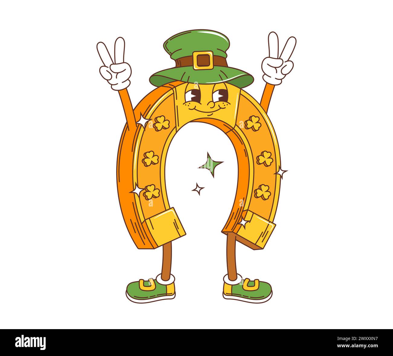 Cartoon retro groovy golden horseshoe character, saint patrick day holiday personage, symbol of luck and prosperity. Isolated vector sign of Ireland festival celebration, traditional fest and folklore Stock Vector