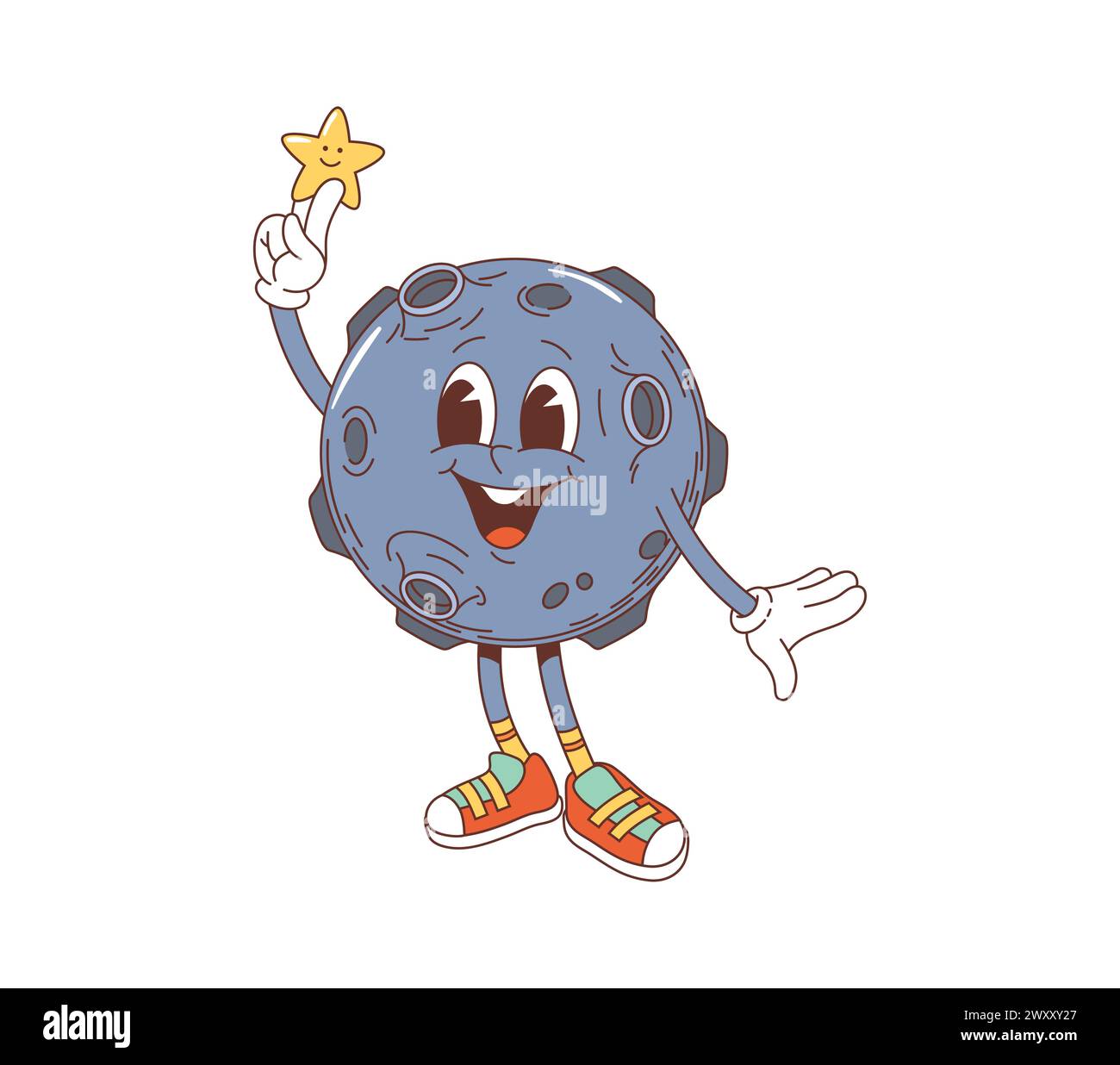 Cartoon groovy space planet character with twinkle star in hand. Isolated vector celestial personage with wide cheerful smile and craters, exudes psychedelic vibes, cosmic coolness and funky demeanor Stock Vector