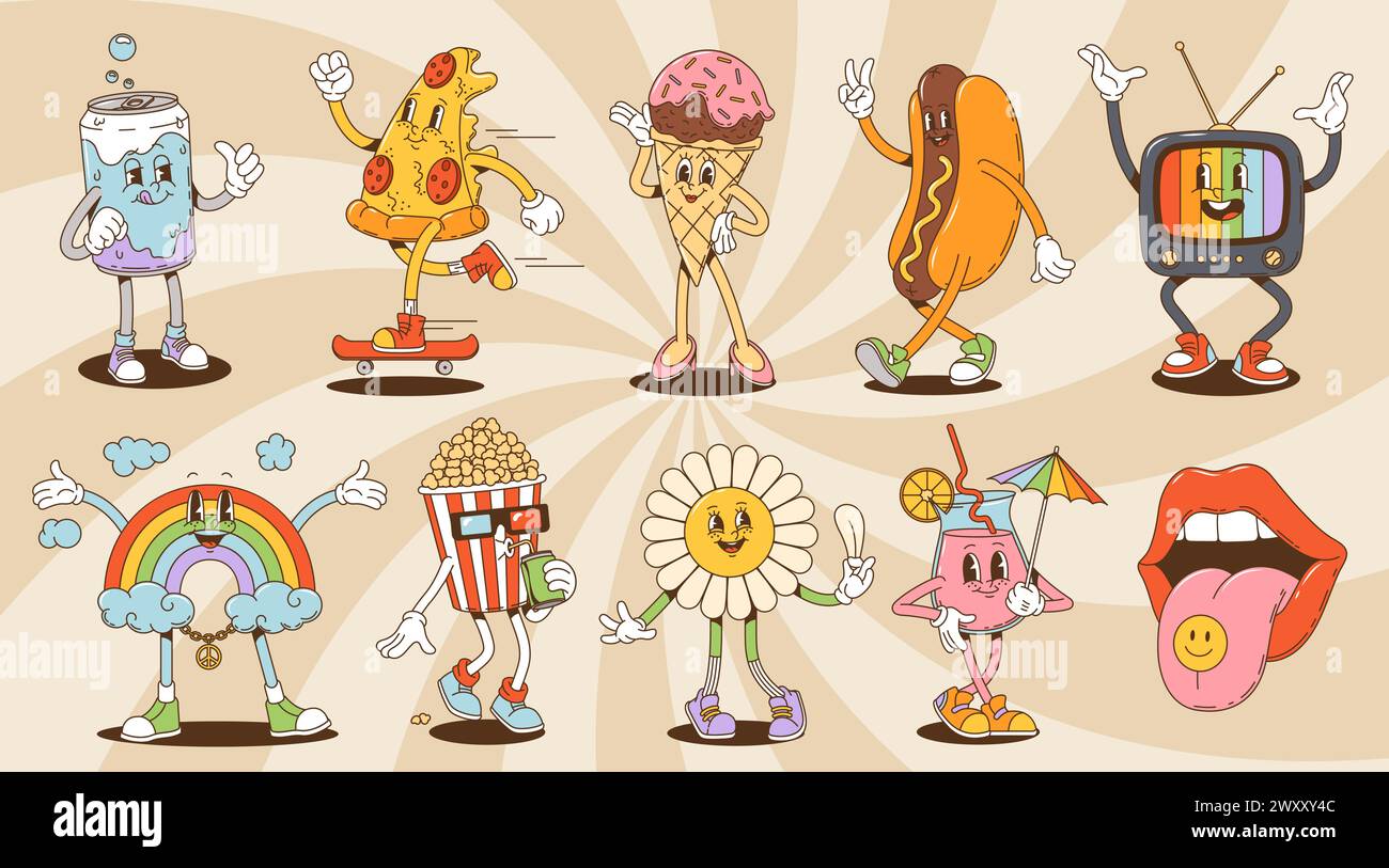 Cartoon groovy characters, soda can and pizza, ice cream and hot dog personages, tv and rainbow, popcorn and daisy flower, cocktail and woman lips. Vector funky, retro, psychedelic, nostalgic y2k set Stock Vector