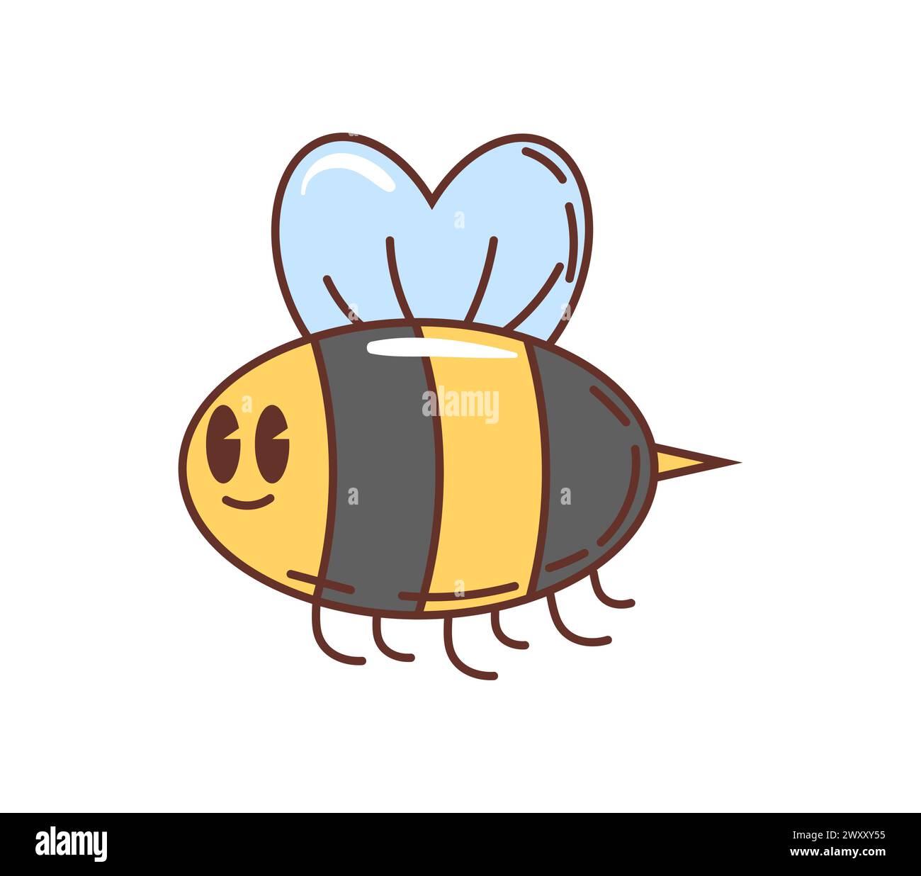 Cartoon groovy bee character buzzing around with laid-back attitude and love for funky tunes. Isolated vector plump, yellow and black striped bee with googly eyes, fluttering wings and friendly smile Stock Vector