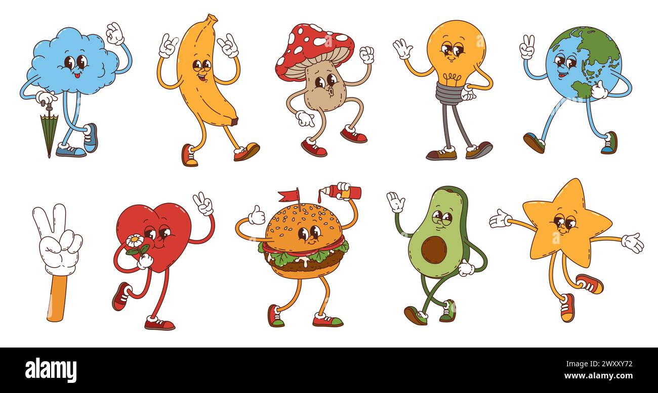 Cartoon retro groovy characters set. Vector cloud, banana, amanita mushroom and light bulb. Earth planet, hand with peace gesture, heart and burger with avocado and star. Psychedelic funky personages Stock Vector