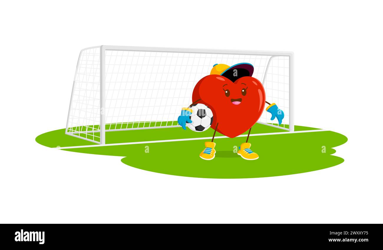 Cartoon soccer football goalkeeper heart character. Vector Valentines day personage with ball in hands, lively face and passionate expression, guarding the gates with love and determination on field Stock Vector