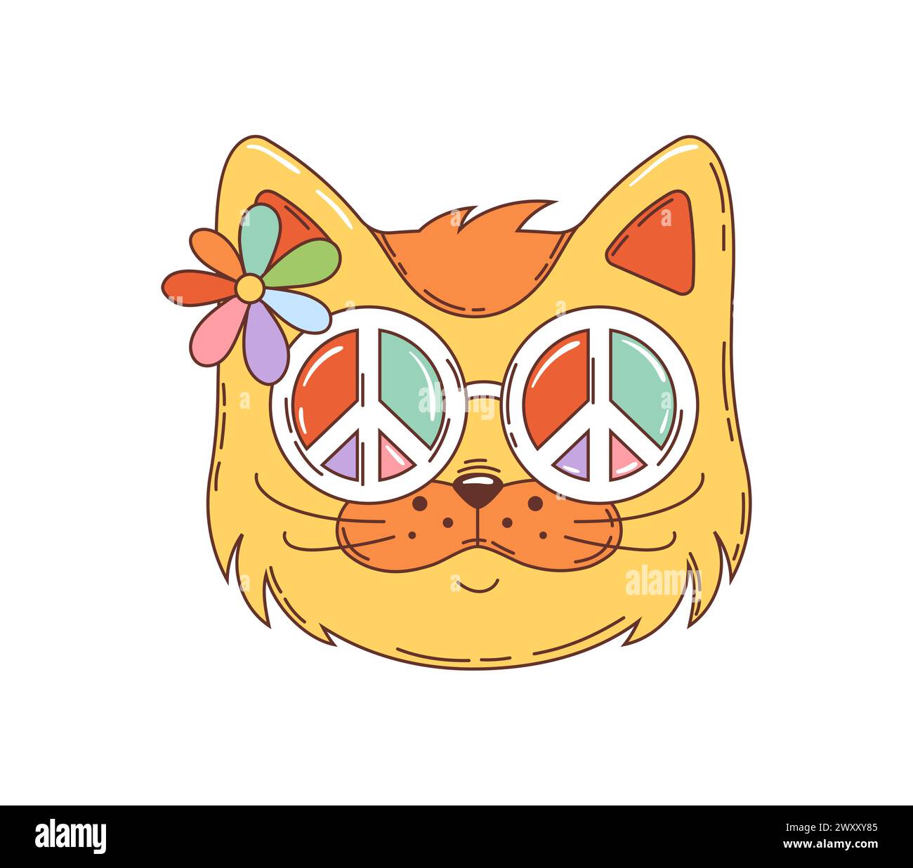 Cartoon groovy hippie cat character. Isolated vector retro kitten pet head in sunglasses with peace symbols and flower with colorful petals, exuding cool, laid-back vibe with a groove, funky smile Stock Vector