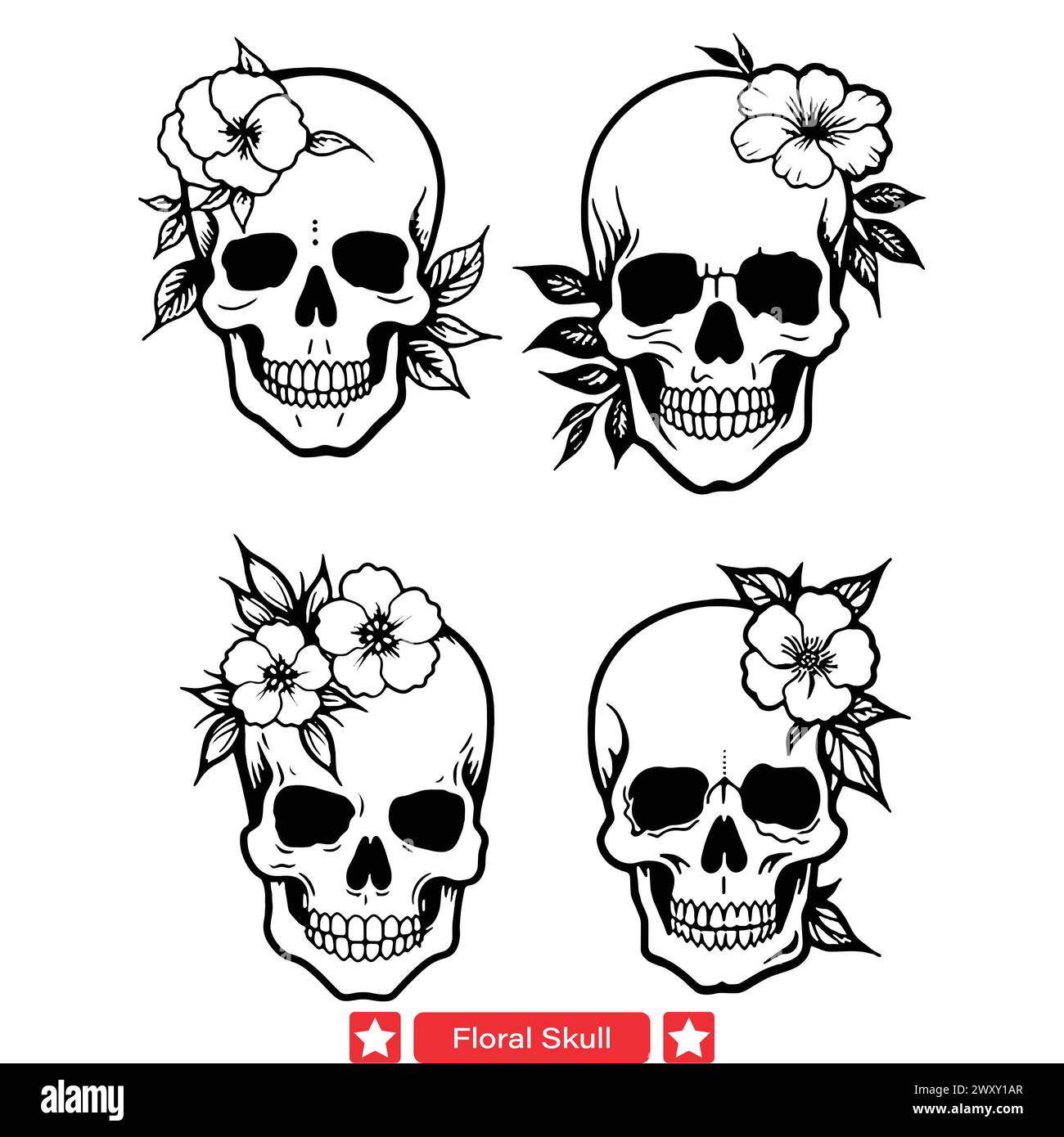 Floral Fusion  Enchanting Skull Silhouette Vectors Adorned with Flowers Stock Vector