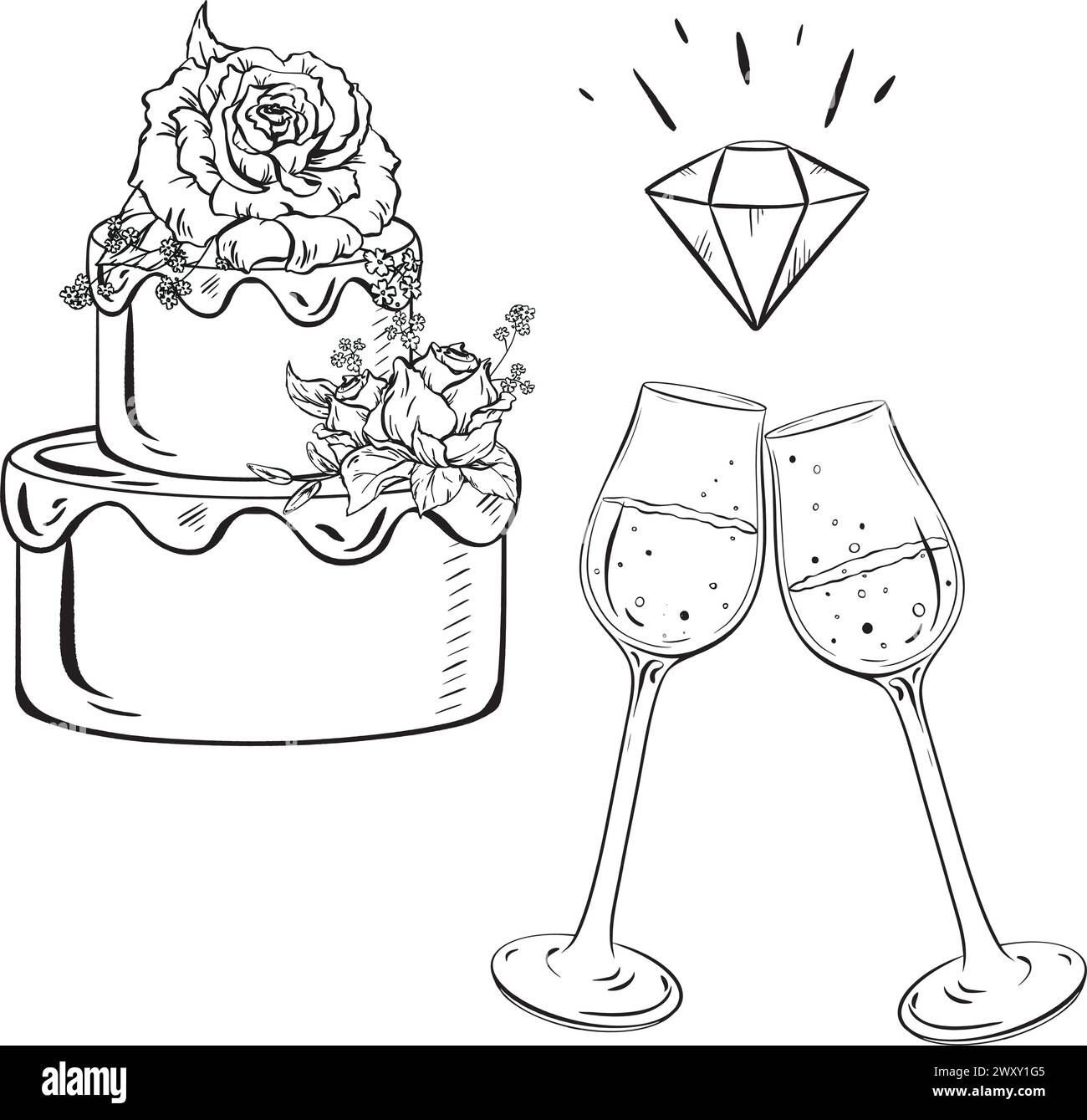 a black and white drawing of a wedding cake , champagne glasses , and a diamond Stock Vector
