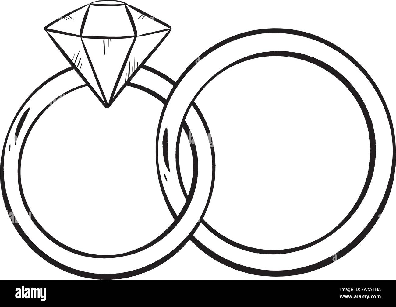 Artistic black and white drawing of two wedding rings with a diamond centerpiece Stock Vector