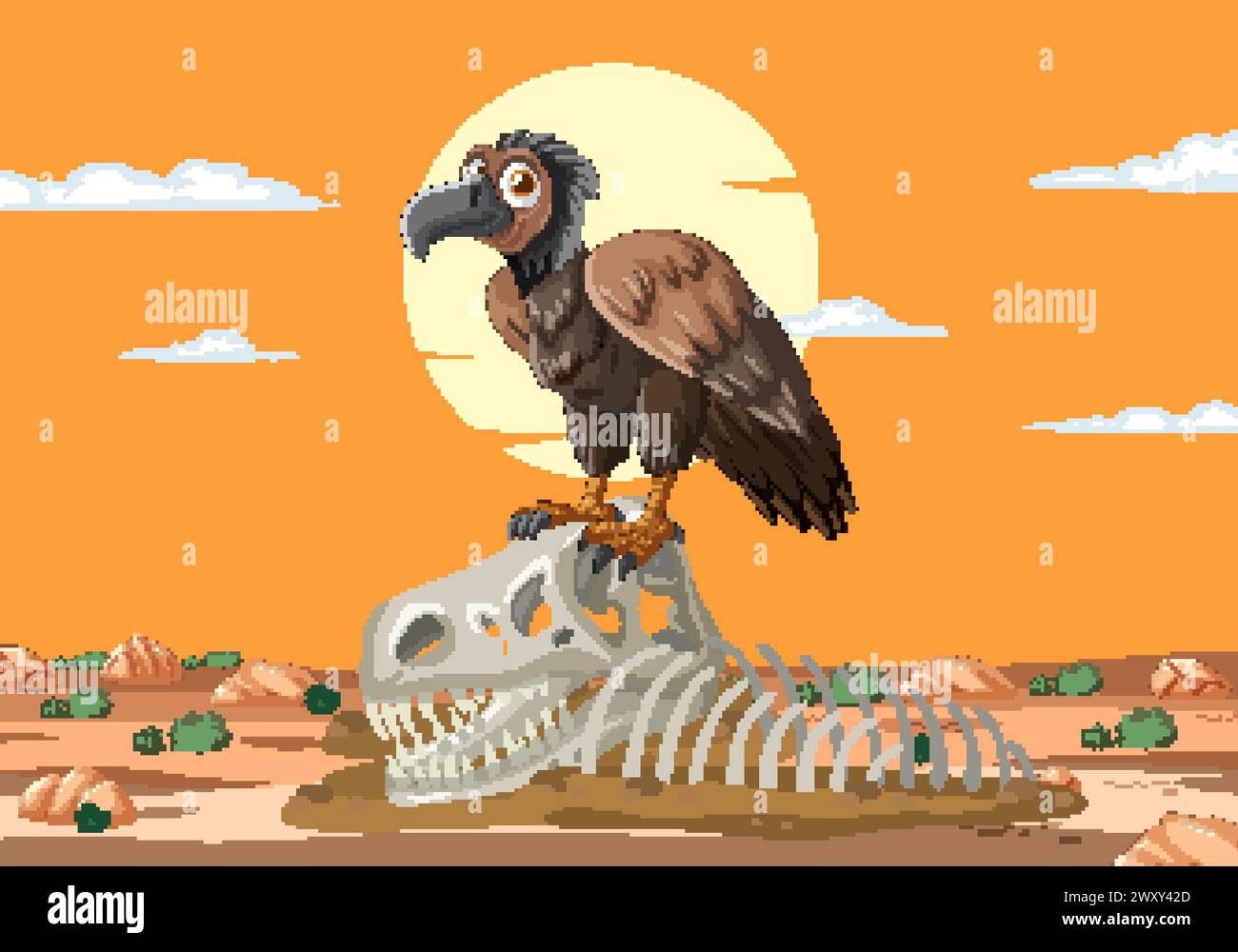 Cartoon vulture standing on a skeleton in desert Stock Vector