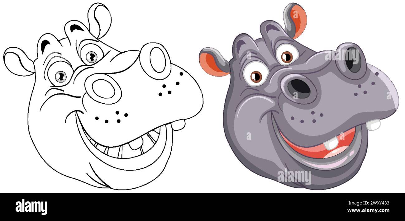 Two stylized hippopotamus faces, one colored, one line art Stock Vector