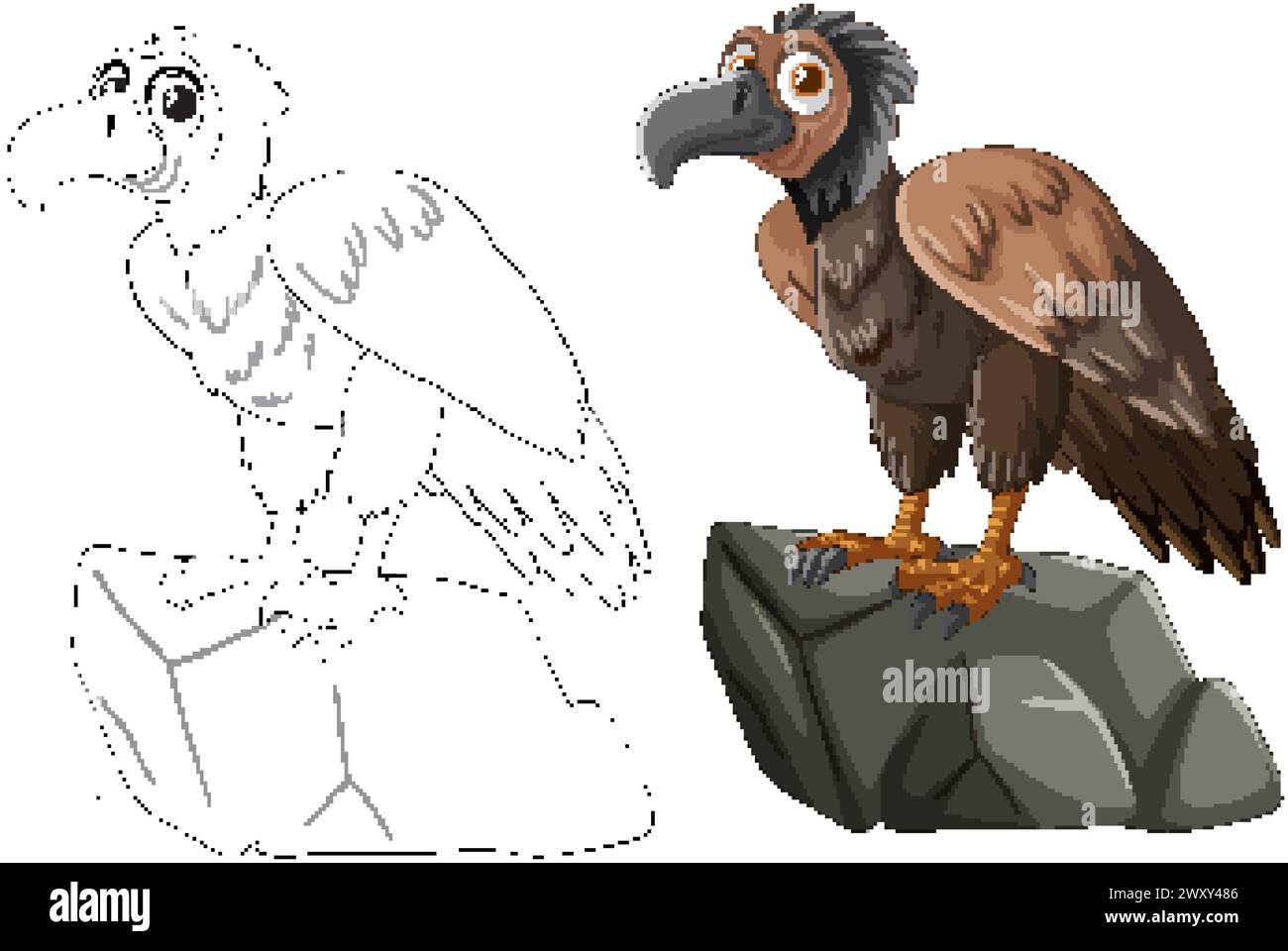 Two vultures, one sketched and one colored, on rocks. Stock Vector