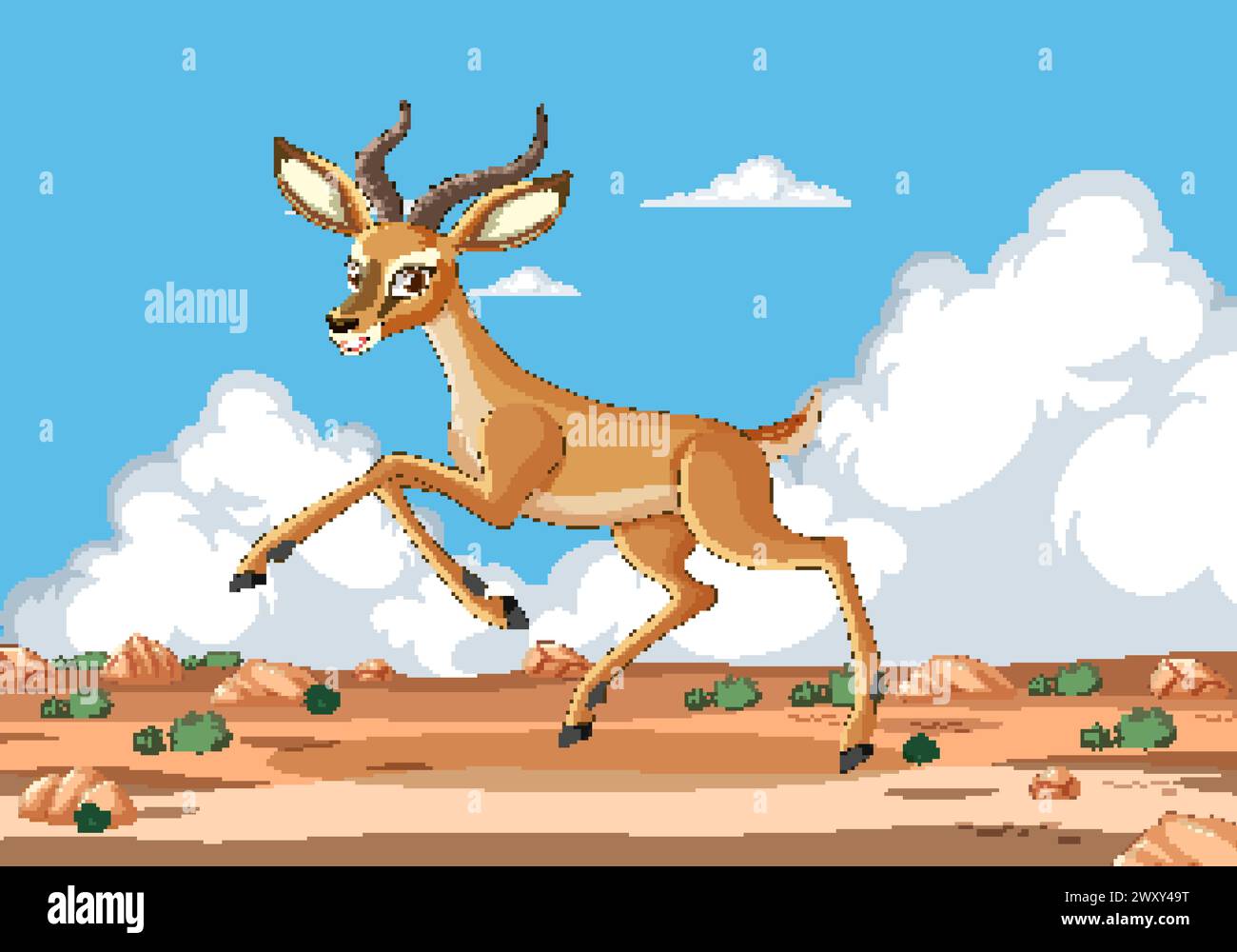 Animated gazelle running in a desert landscape. Stock Vector