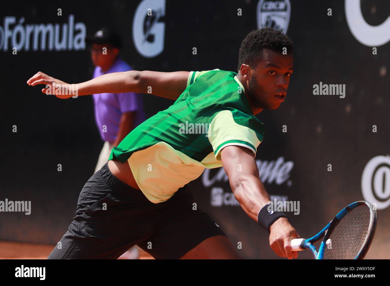 Mexico City, Ciudad de Mexico, Mexico. 2nd Apr, 2024. Apr 2, 2024, Mexico City, Mexico: Giovanni Mpetshi Perricard (FRA) hits a backhand against Matias Soto (CHL) during theDay 3 of the Mexico City Open at Deportivo Chapultepec. on Apr 2, 2024, Mexico City, Mexico. (Credit Image: © Carlos Santiago/eyepix via ZUMA Press Wire) EDITORIAL USAGE ONLY! Not for Commercial USAGE! Stock Photo