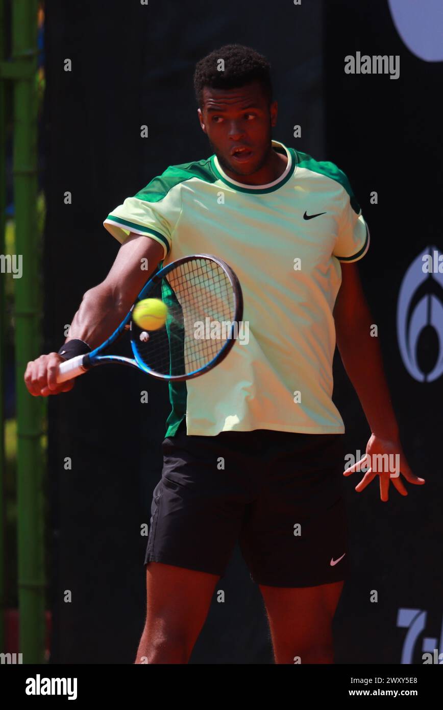 Mexico City, Mexico. 02nd Apr, 2024. Apr 2, 2024, Mexico City, Mexico: Giovanni Mpetshi Perricard (FRA) hits a forehand against Matias Soto (CHL) during the Day 3 of the Mexico City Open at Deportivo Chapultepec. on Apr 2, 2024, Mexico City, Mexico. (Photo by Carlos Santiago/Eyepix Group/Sipa USA) Credit: Sipa USA/Alamy Live News Stock Photo