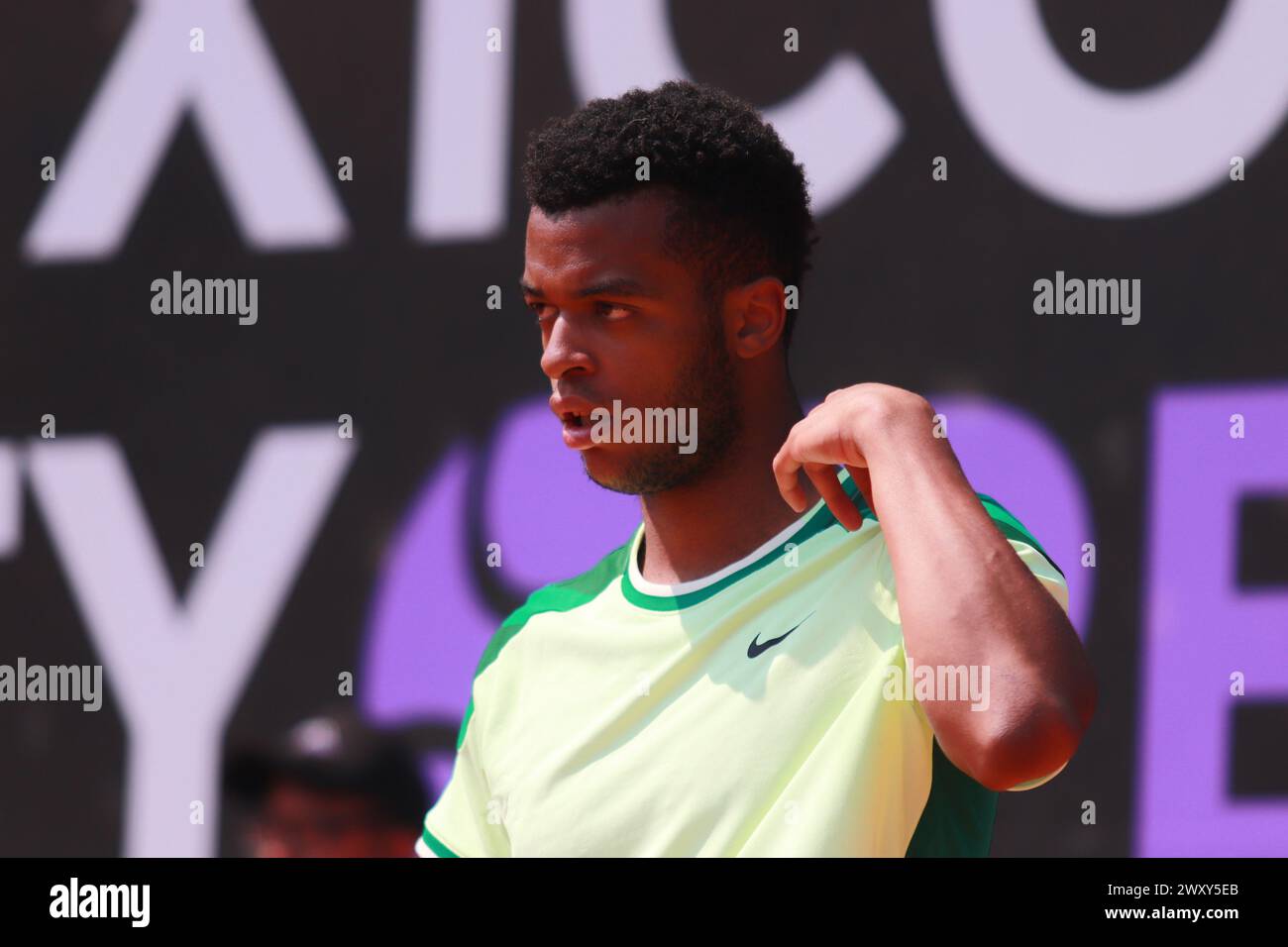 Mexico City, Mexico. 02nd Apr, 2024. Apr 2, 2024, Mexico City, Mexico: Giovanni Mpetshi Perricard (FRA) reacts during the match against Matias Soto (CHL) during the Day 3 of the Mexico City Open at Deportivo Chapultepec. on Apr 2, 2024, Mexico City, Mexico. (Photo by Carlos Santiago/Eyepix Group/Sipa USA) Credit: Sipa USA/Alamy Live News Stock Photo