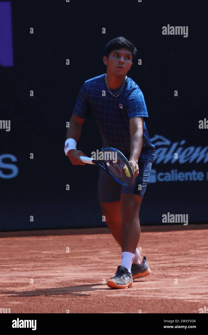 Mexico City, Mexico. 02nd Apr, 2024. Apr 2, 2024, Mexico City, Mexico: Matias Soto (CHL) serves to Giovanni Mpetshi Perricard (FRA) during the Day 3 of the Mexico City Open at Deportivo Chapultepec. on Apr 2, 2024, Mexico City, Mexico. (Photo by Carlos Santiago/Eyepix Group/Sipa USA) Credit: Sipa USA/Alamy Live News Stock Photo