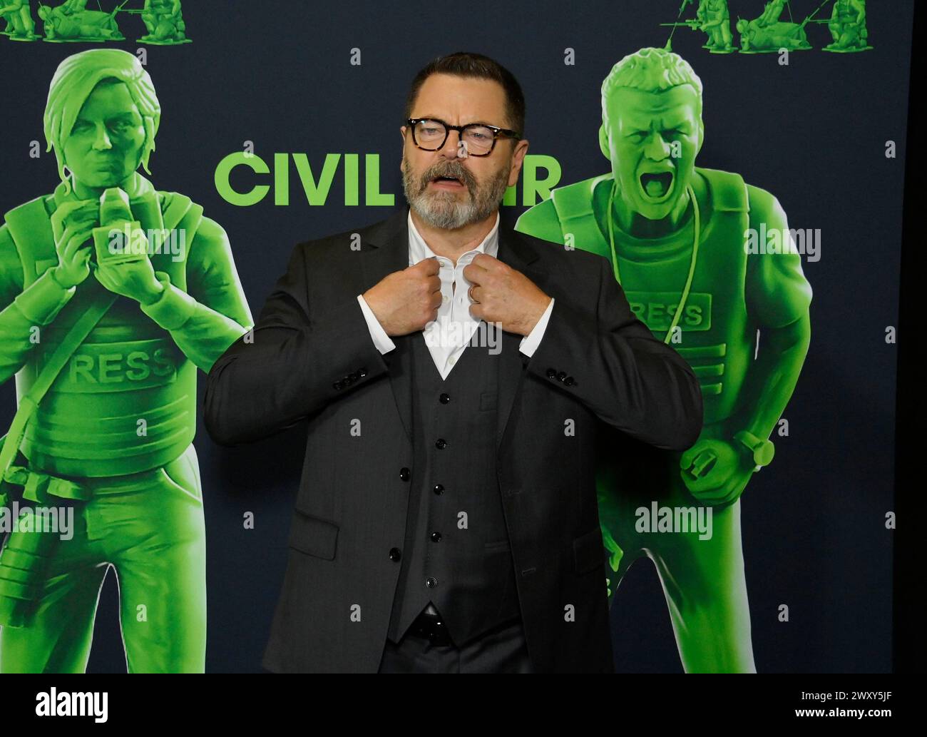 Los Angeles, United States. 02nd Apr, 2024. Cast member Nick Offerman attends the premiere of the motion picture 'Civil War' at the Academy Museum of Motion Pictures in Los Angeles on Tuesday, April 2, 2024. Storyline: A journey across a dystopian future America, following a team of military-embedded journalists as they race against time to reach DC before rebel factions descend upon the White House. Photo by Jim Ruymen/UPI Credit: UPI/Alamy Live News Stock Photo