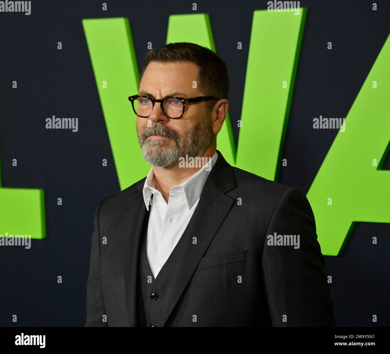 Los Angeles, United States. 02nd Apr, 2024. Cast member Nick Offerman attends the premiere of the motion picture 'Civil War' at the Academy Museum of Motion Pictures in Los Angeles on Tuesday, April 2, 2024. Storyline: A journey across a dystopian future America, following a team of military-embedded journalists as they race against time to reach DC before rebel factions descend upon the White House. Photo by Jim Ruymen/UPI Credit: UPI/Alamy Live News Stock Photo