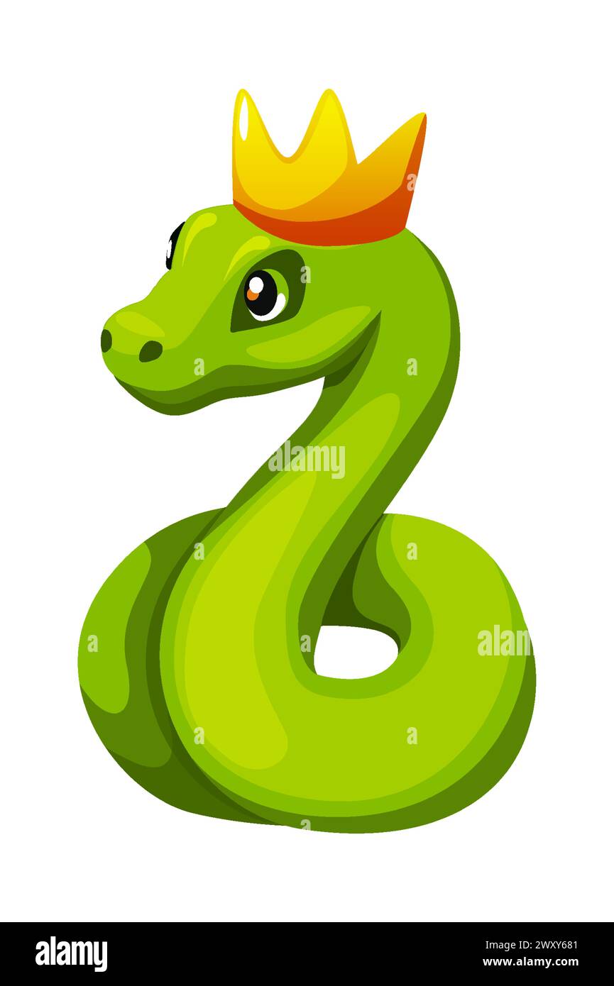 A cute cartoon snake wears a golden crown Stock Vector