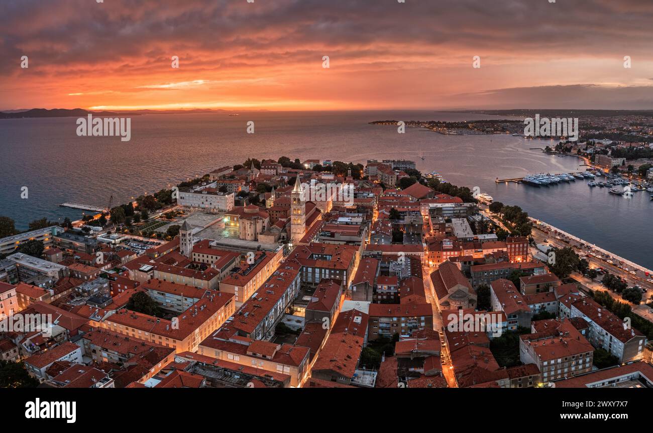 Zadar, Croatia - Aerial panoramic view of the Old Town of Zadar with Cathedral of St. Anastasia, Church of St. Donatus, yacht marina and a dramatic go Stock Photo