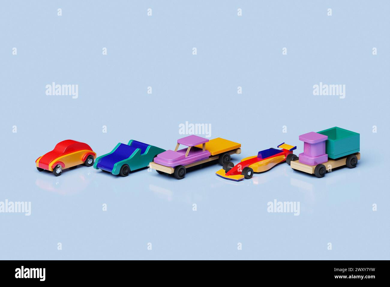 3d illustration of cute kids model cars, convertibles, pickups, truck cranes, firemen, dump trucks  on a  blue  background. Illustration of patterns i Stock Photo