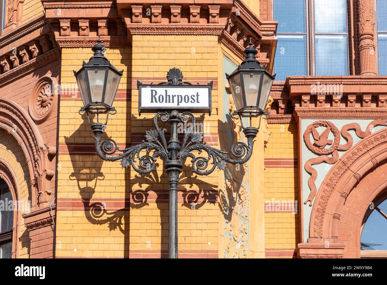 sign Rohrpost at Post office building - (Kaiserliches Postfuhramt -  on Oranienburger street in Berlin, Germany Stock Photo
