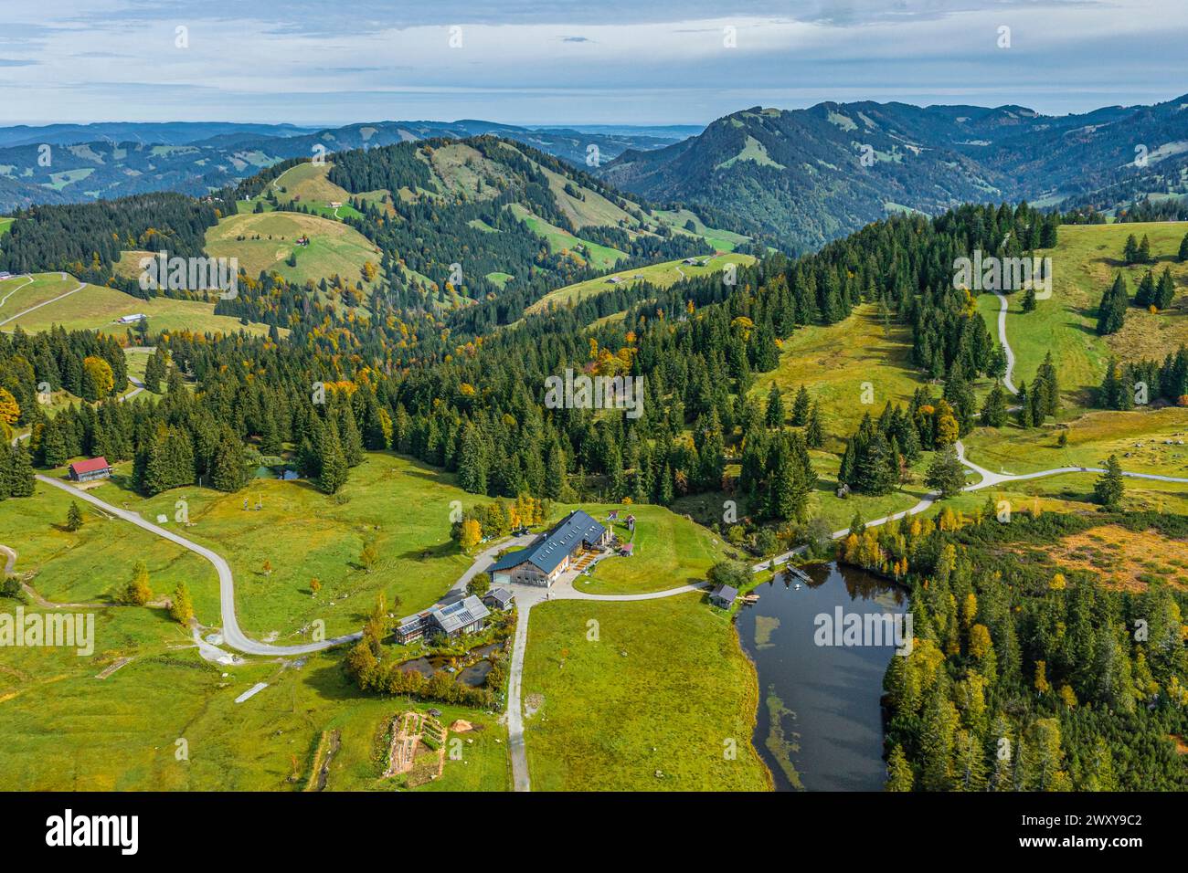 Autumnal view of the idyllic alpine valley around the Hubertushaus at the Hochhäderich Stock Photo