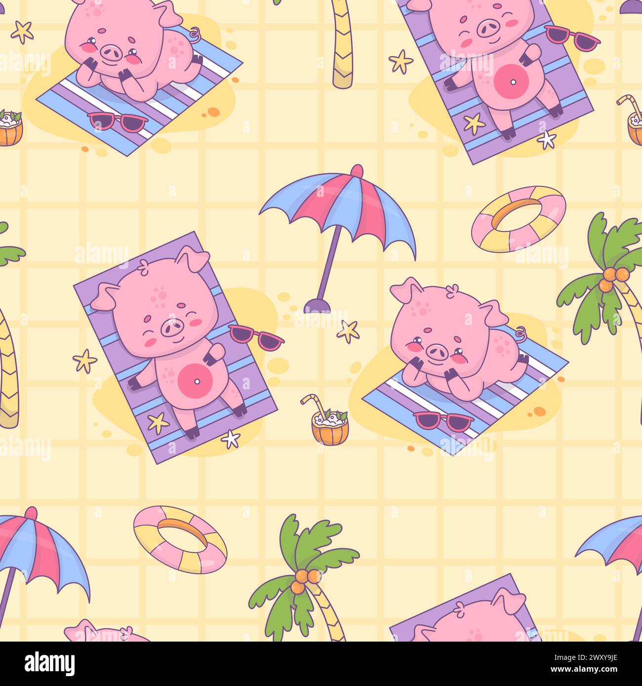 Seamless pattern with beach pigs beachgoer with cocktail and rubber circle on yellow checkered background with palm trees. Cute funny kawaii animal Stock Vector