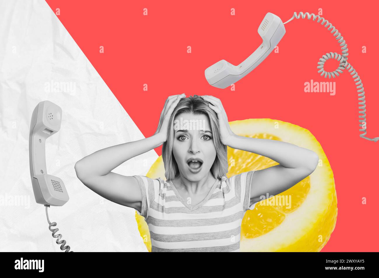 Composite collage picture of speechless black white colors girl big lemon telephone isolated on creative background Stock Photo