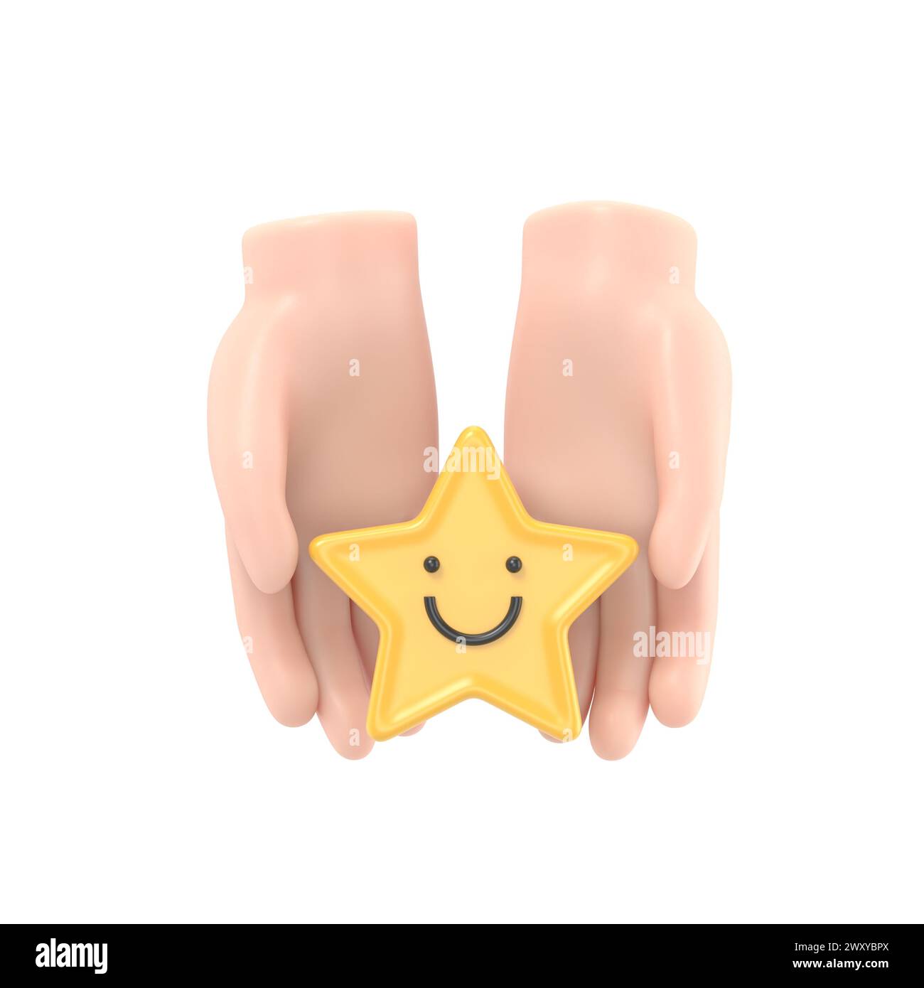 Hand holding yellow star happy smile face, good feedback rating, positive review, satisfaction survey, mental health assessment, child wellness, world Stock Photo