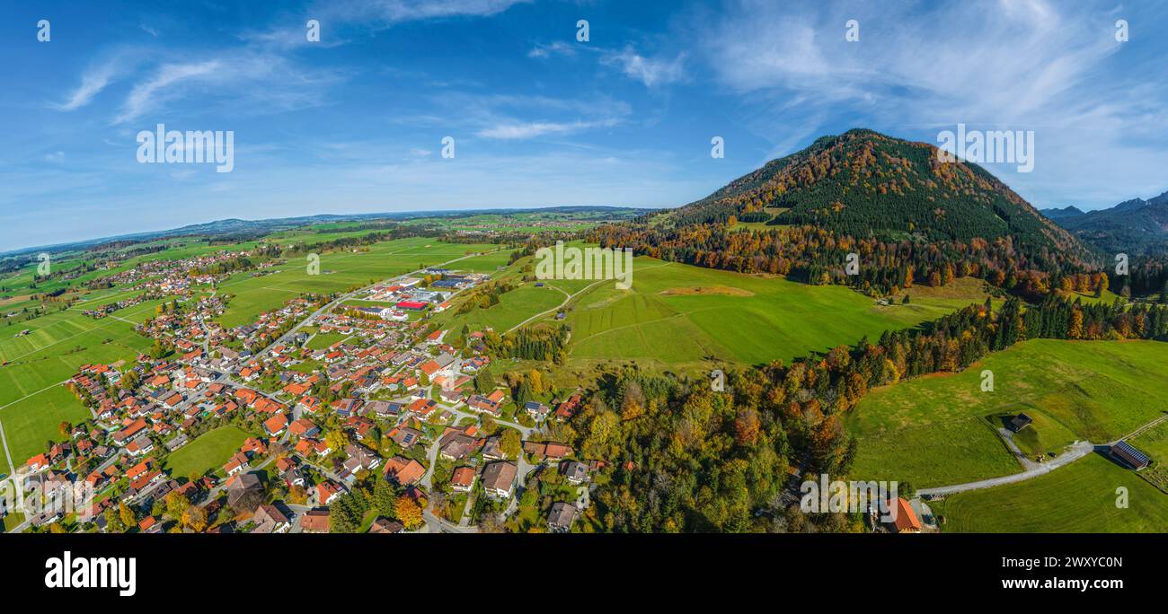 Aerial view of the village of Buching on the Bavarian border of the alps in Eastern Allgäu Stock Photo