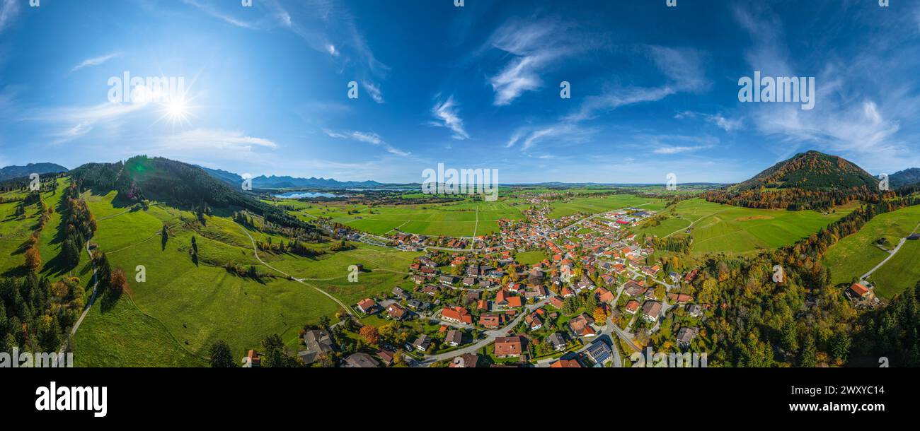 Aerial view of the village of Buching on the Bavarian border of the alps in Eastern Allgäu Stock Photo
