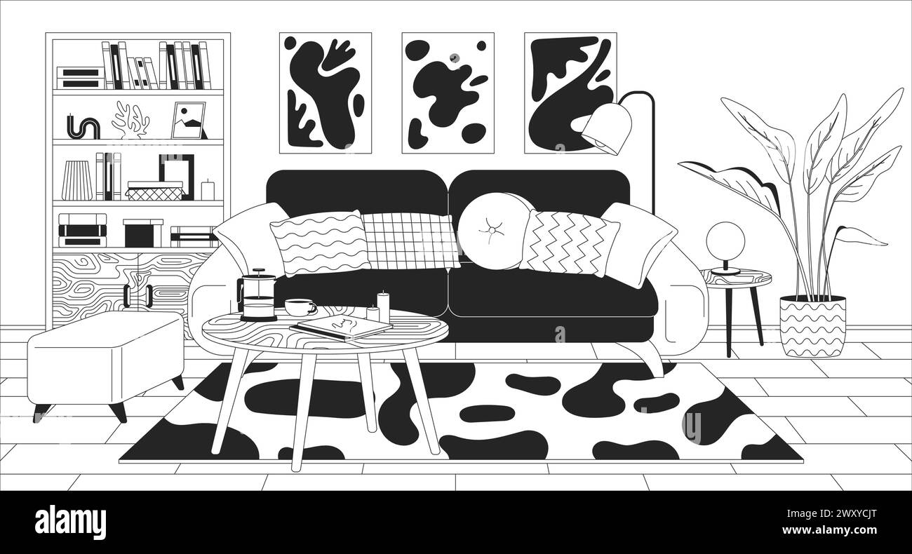 Living room furnishing black and white line illustration Stock Vector ...