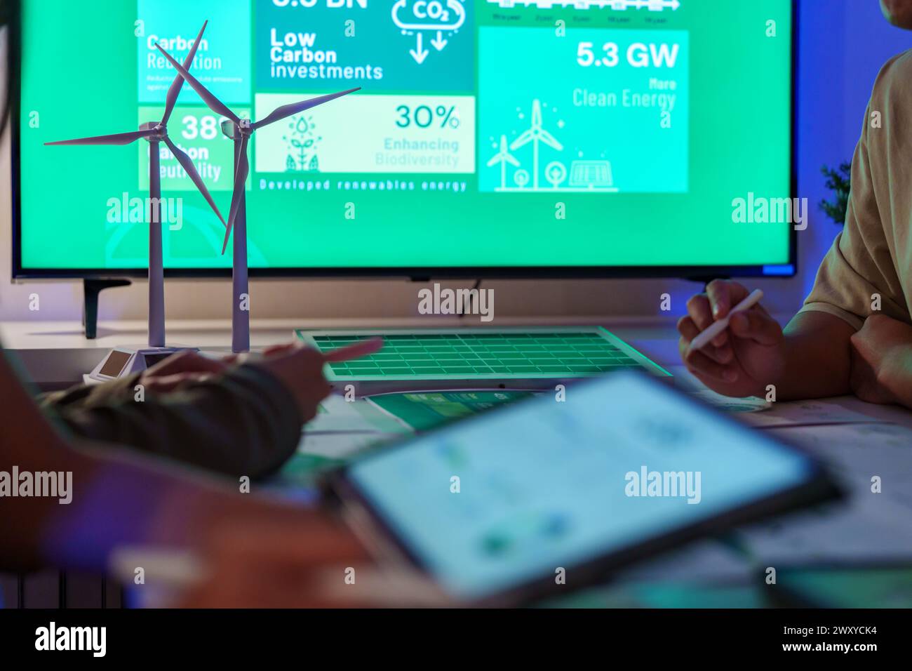 ESG ( environment, social,governance) on laptop screen with carbon free chart board in office Stock Photo
