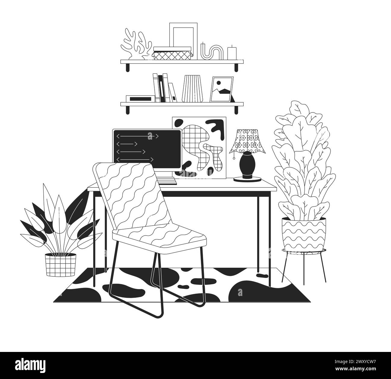 Comfortable home office interior black and white line illustration ...