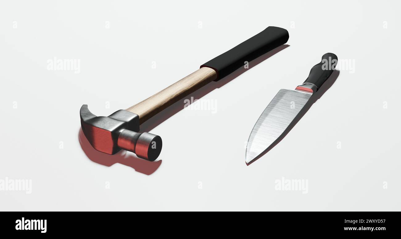 isolated 3d render of claw hammer and home knife for domestic violence or crime weapon concept Stock Photo