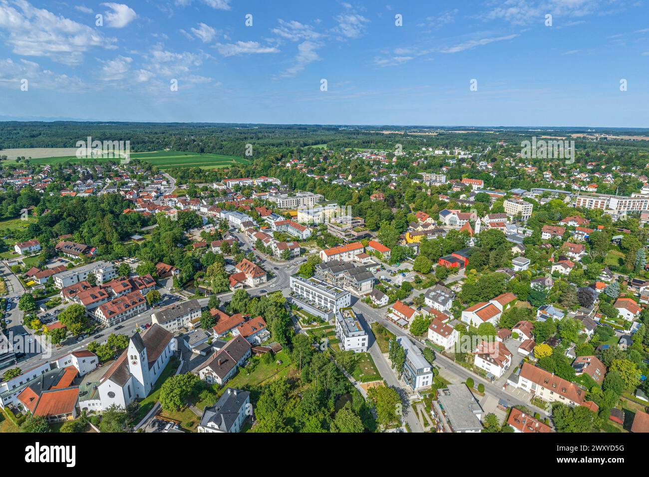 Aerial view of Gauting in the Würmtal valley in Upper Bavaria, south ...