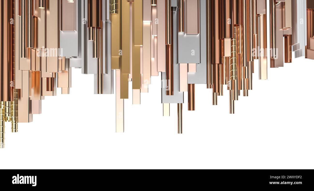 3d rendered background featuring hanging copper-colored metallic rods with varying lengths Stock Photo