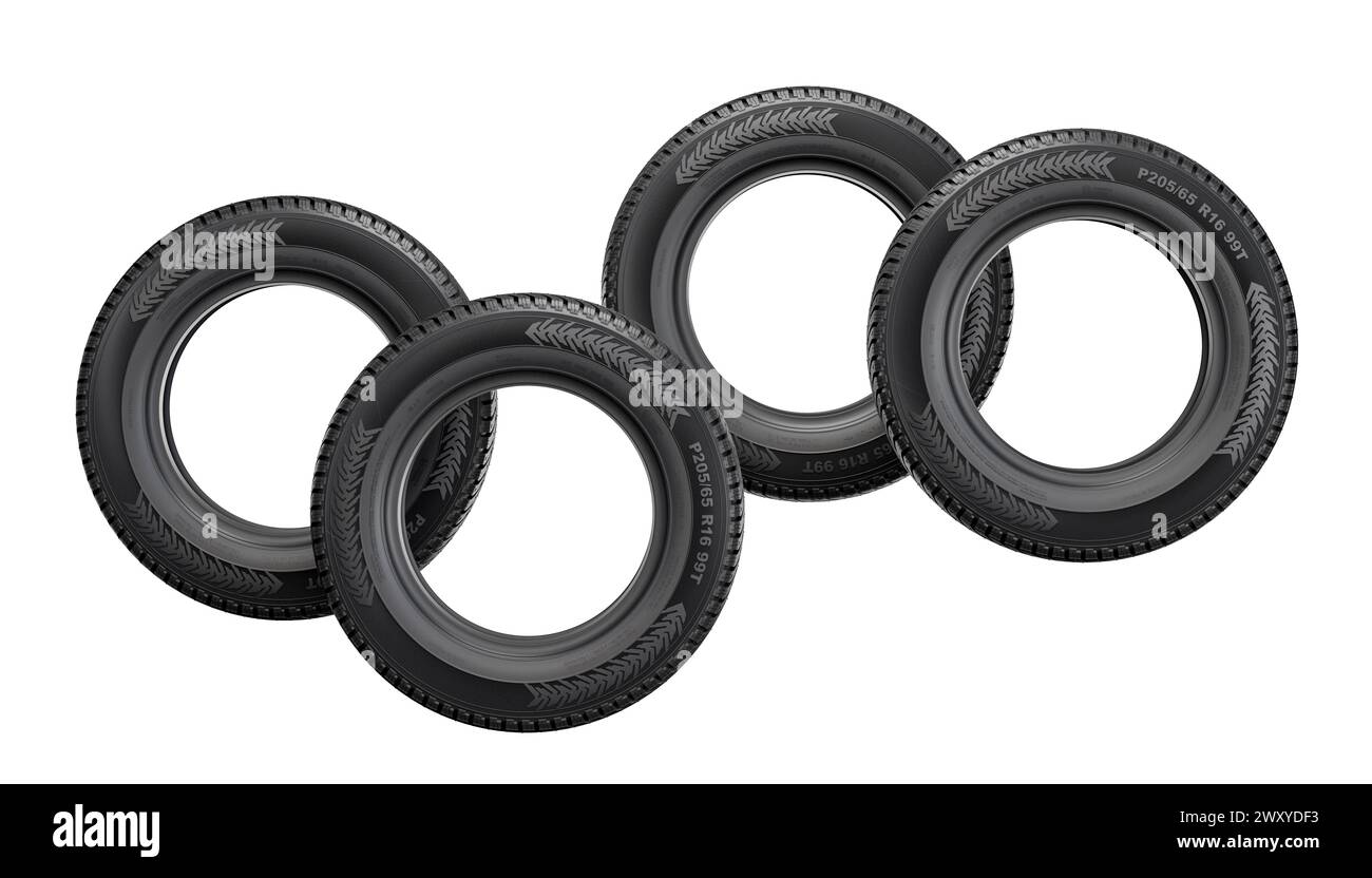 Collection of new automobile tires aligned neatly against a white background. 3d render Stock Photo