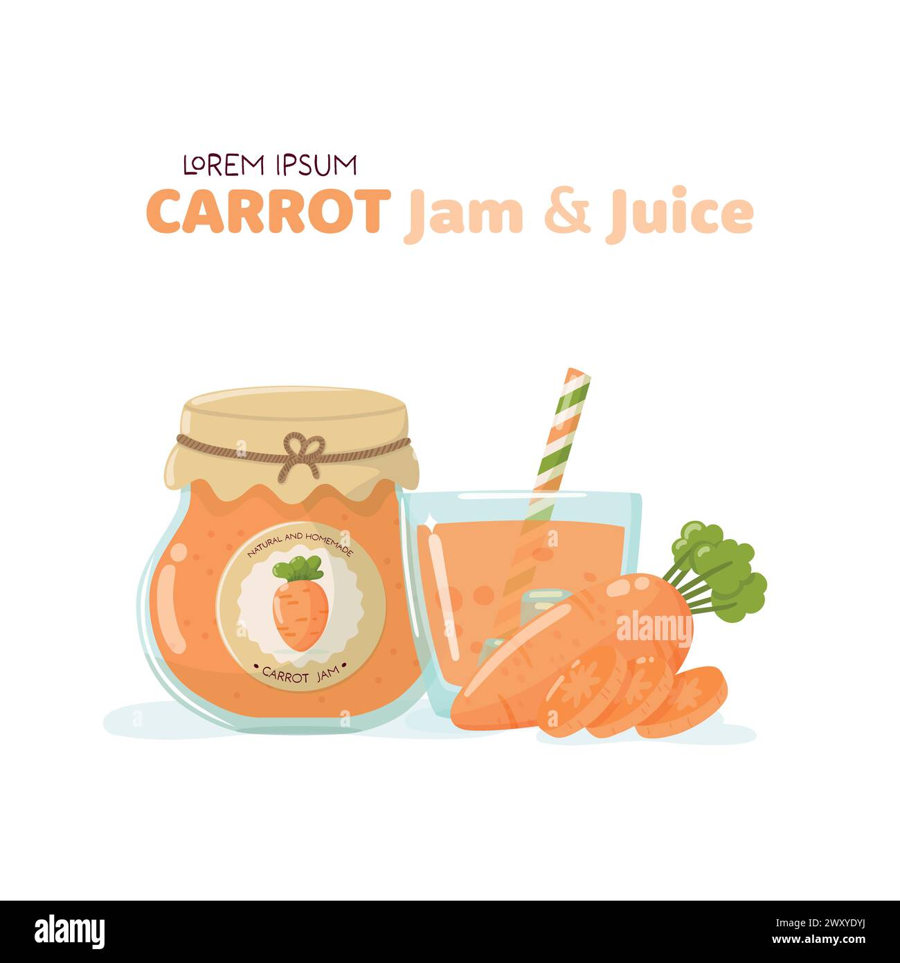 Set of jam jar, carrot, slices and glass with ices. Isolated vector illustration Stock Vector