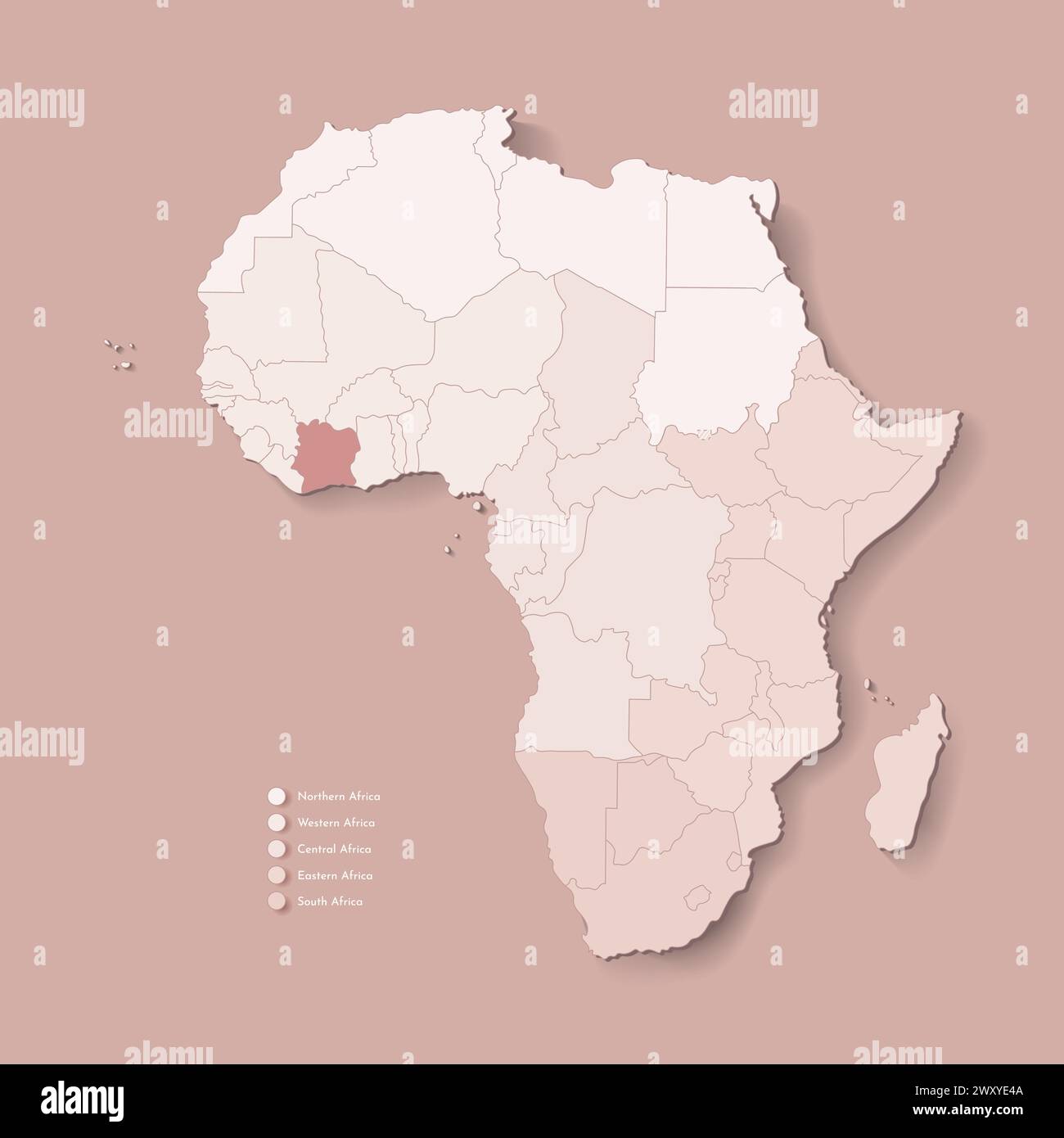 Vector Illustration With African Continent With Borders Of All States Vector Illustration With African Continent With Borders Of All States And Marked Country Ivory Coast Cote Divore Political Map In Brown Colors With 2WXYE4A