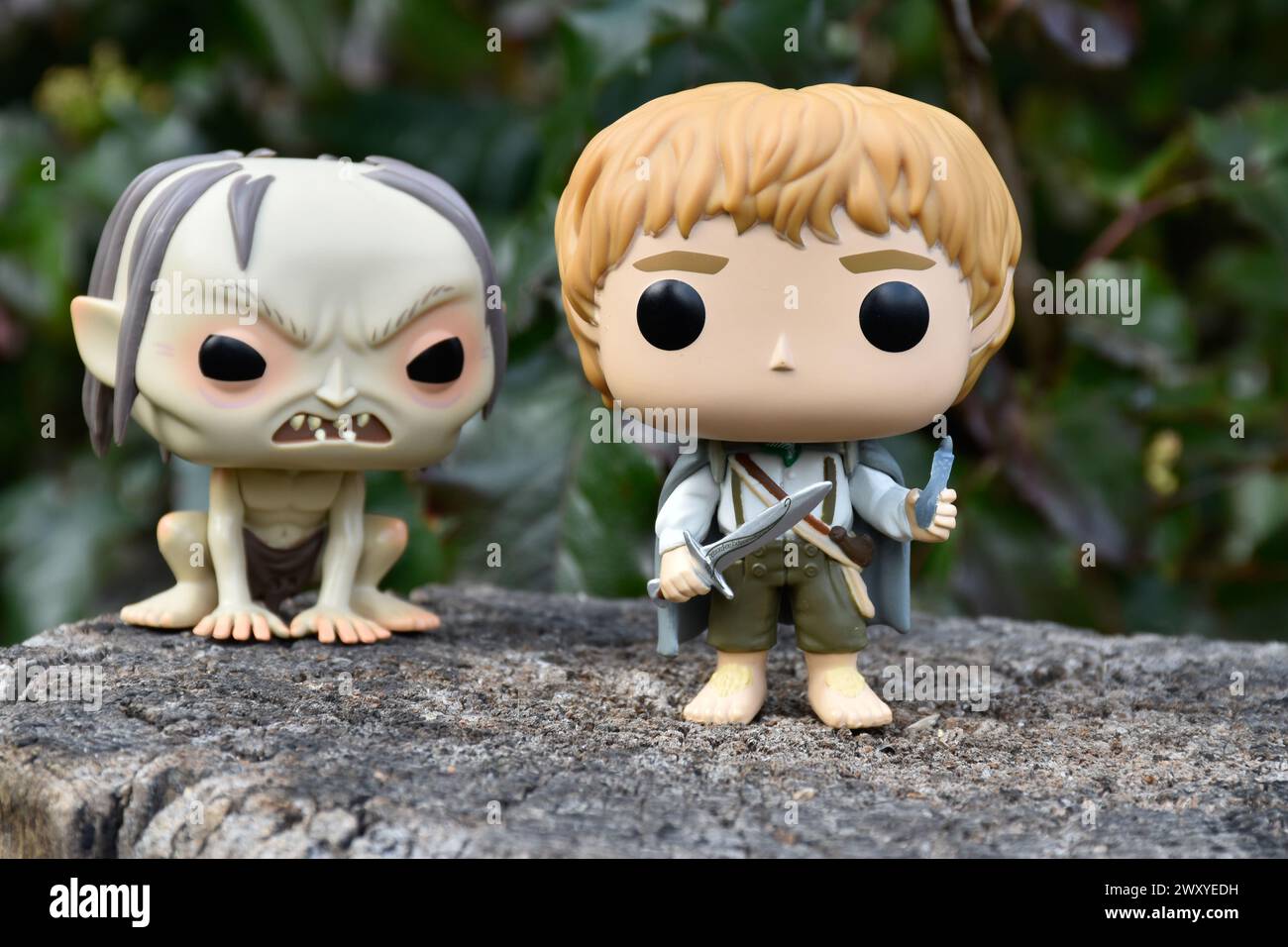 Funko Pop action figures of Gollum and hobbit Sam from fantasy movie The Lord of the Rings. Dark forest, tree stump, green leaves. Stock Photo