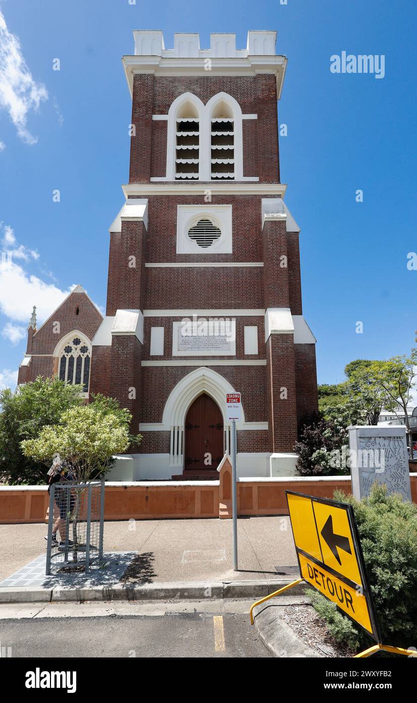 Detour sign in front of the bell tower of St Paul's Anglican Church ,Maryborough, Queensland, Australia Stock Photo