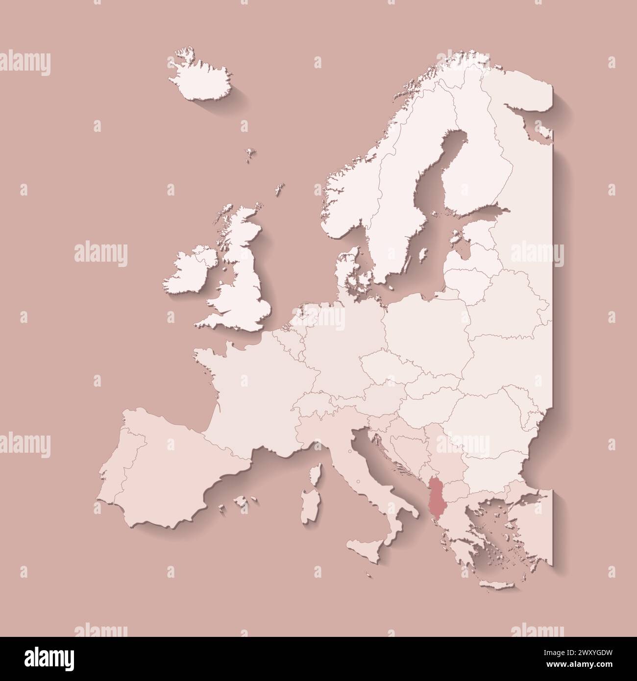 Vector illustration with european land with borders of states and marked country Albania. Political map in brown colors with western, south and etc re Stock Vector