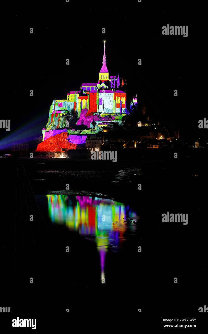 Le Mont Saint-Michel (Saint Michael's Mount), in Normandy, north-western France, on June 22, 2023: technical set-up and general premiere of the sound Stock Photo