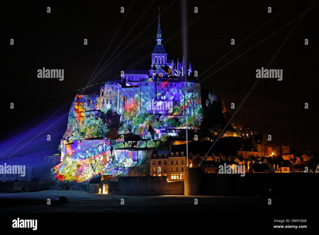 Le Mont Saint-Michel (Saint Michael's Mount), in Normandy, north-western France, on June 22, 2023: technical set-up and general premiere of the sound Stock Photo