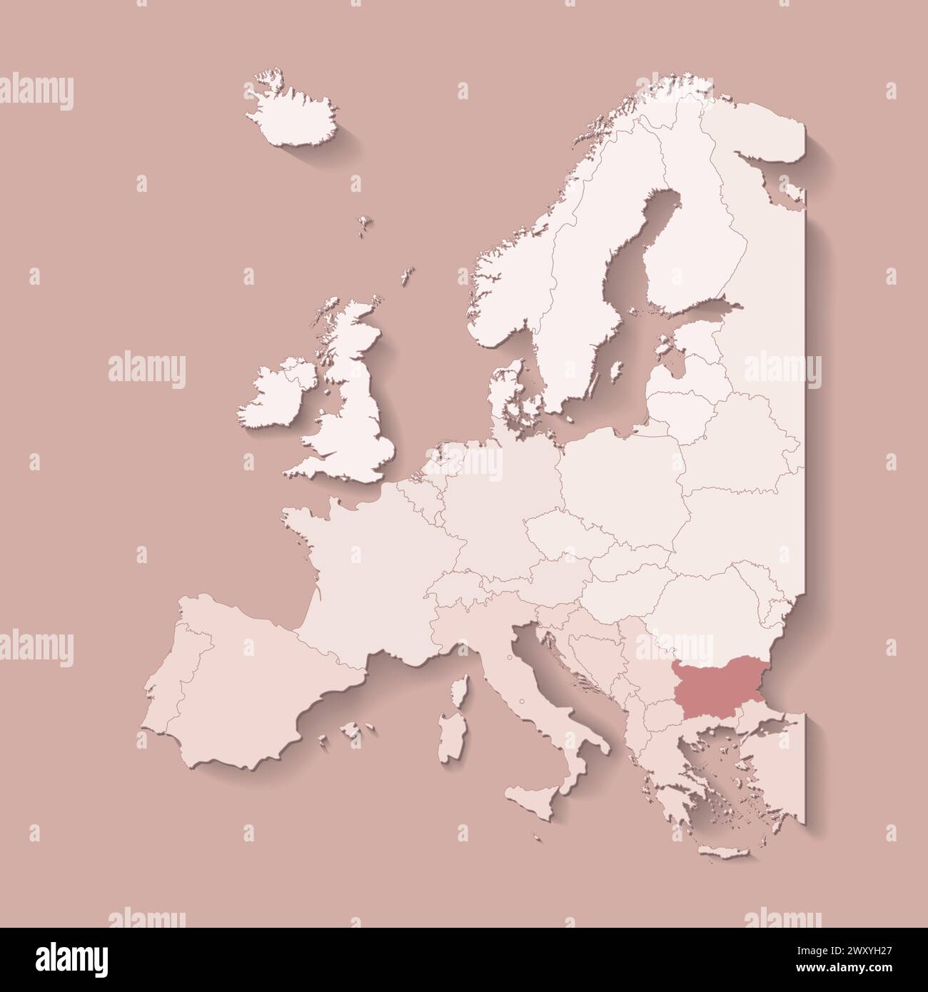 Vector illustration with european land with borders of states and marked country Bulgaria. Political map in brown colors with western, south and etc r Stock Vector