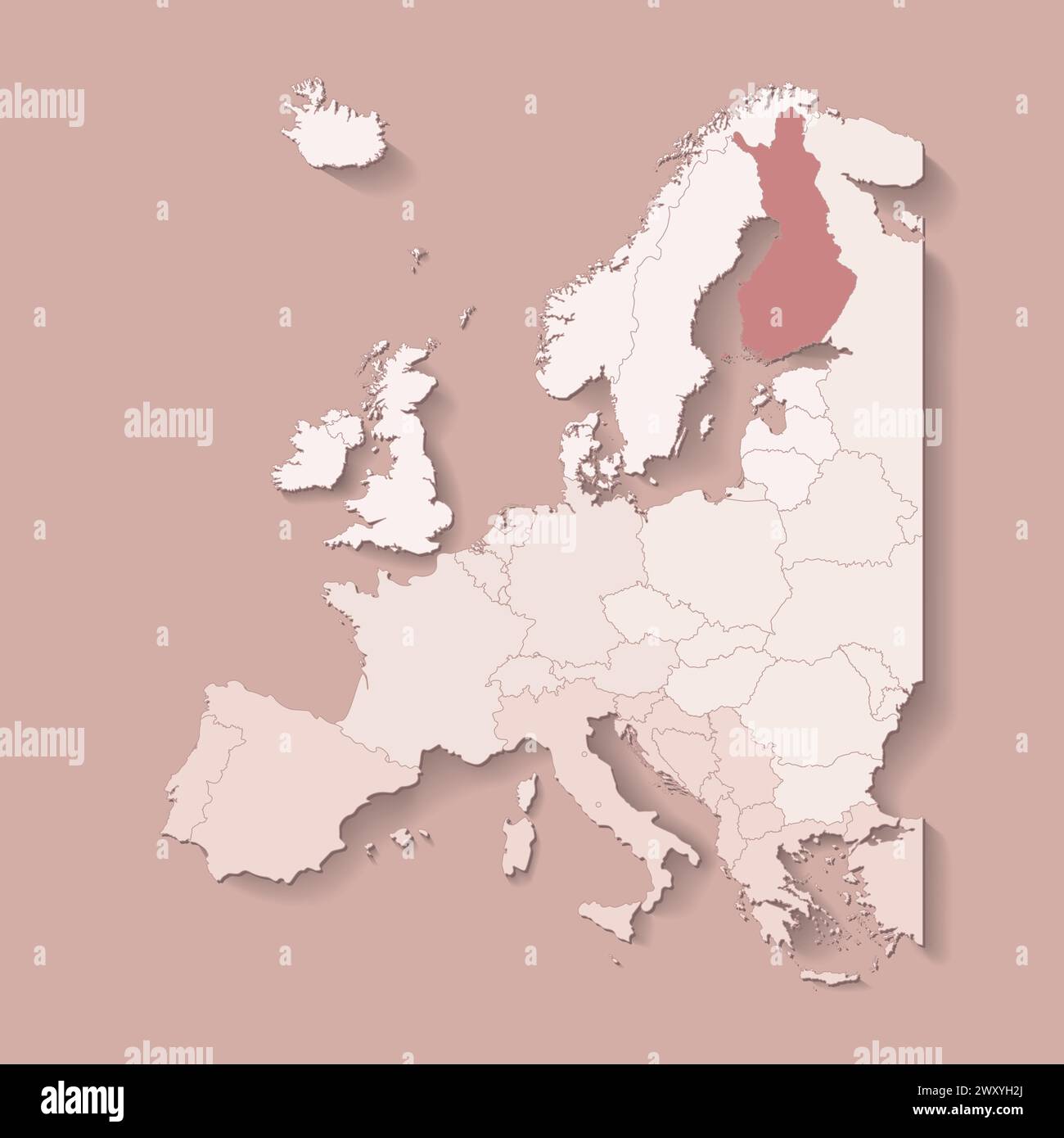 Vector illustration with european land with borders of states and marked country Finland. Political map in brown colors with western, south and etc re Stock Vector