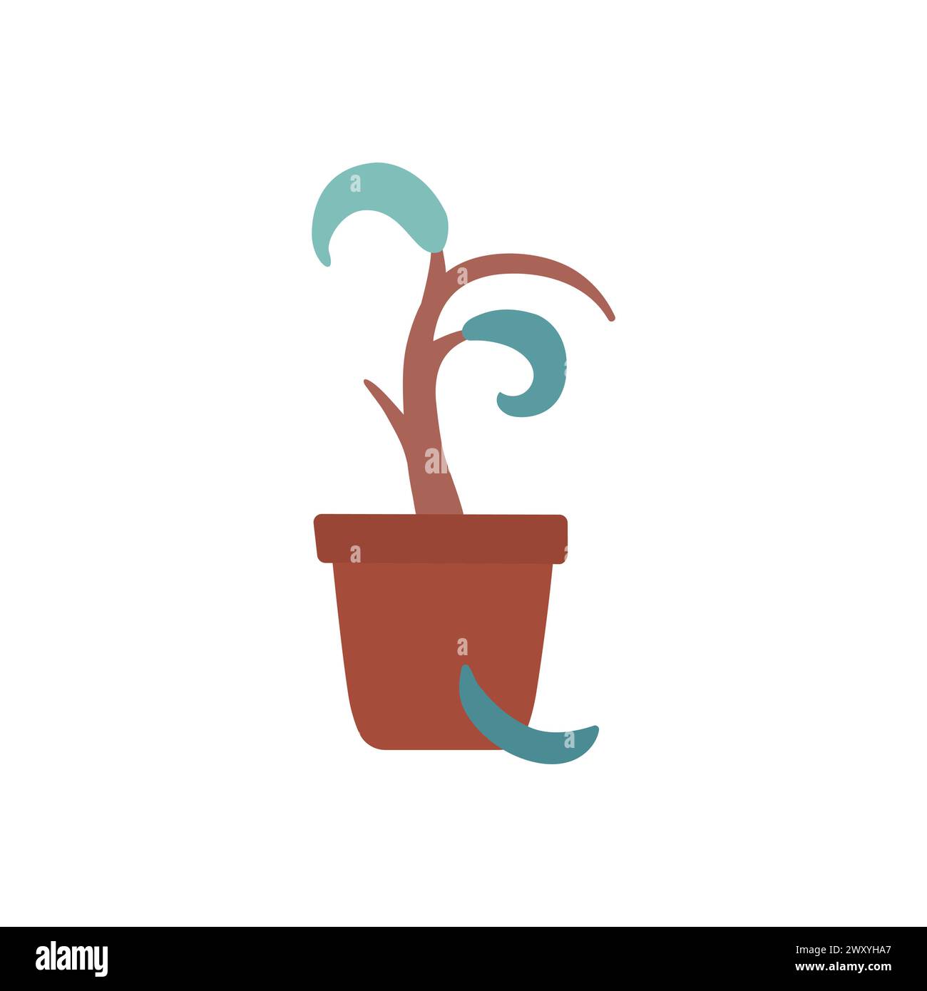 Vector isolated illustration with flat  wilted home plant in ceramic pot. Sick flower lose leaves from stress because dried up. The ficus sprout is al Stock Vector